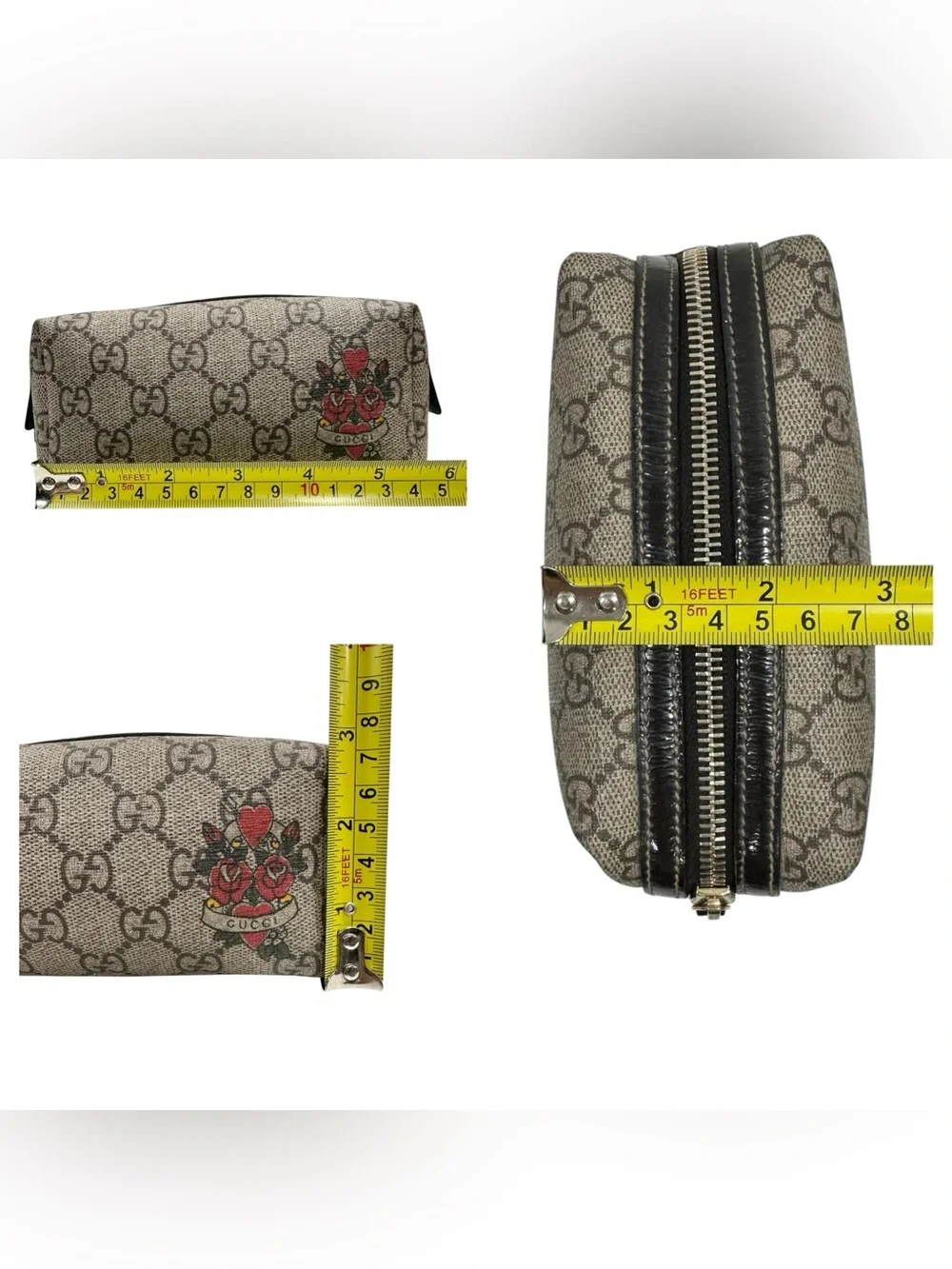 Gucci Tan GG Supreme Web Canvas with Roses Heart Tattoo Zippered Pouch